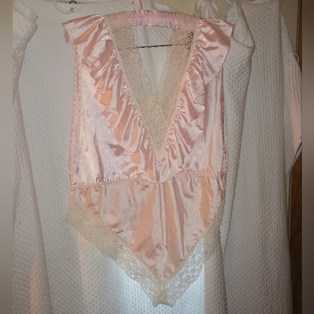 Lily of France Blush Pink Satin Ruffled Lace-Trim Teddy